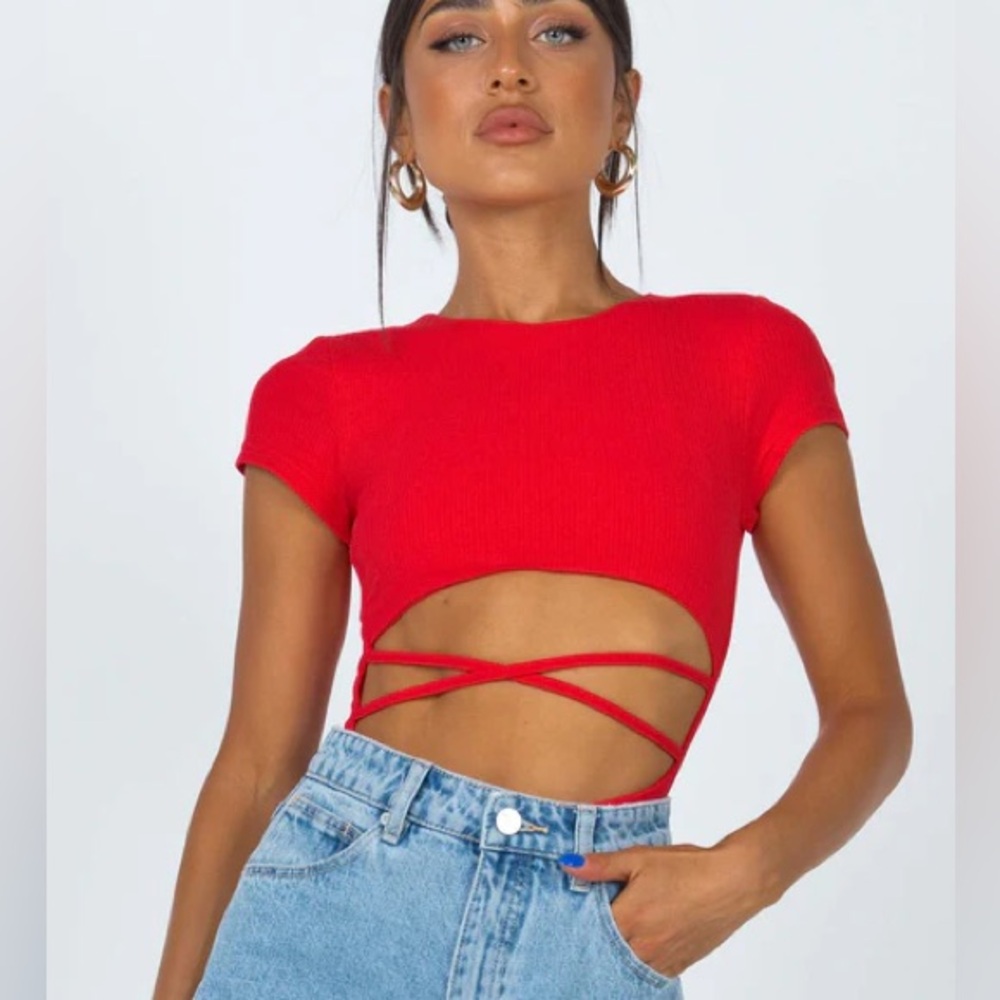 Princess Polly Nicola Bodysuit Red Cut-Out Crop Top Size 2